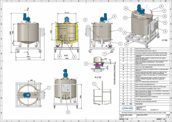 1 x cuve de mélange neuve verticale de 1000L en acier inoxydable AISI304L.