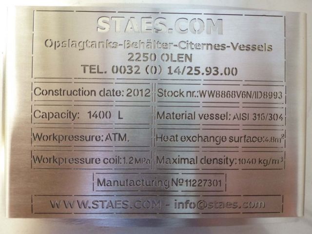 1 x 1.4m³ AISI304; cuve en acier inoxydable; simple paroi; verical; echangeur thérmique
