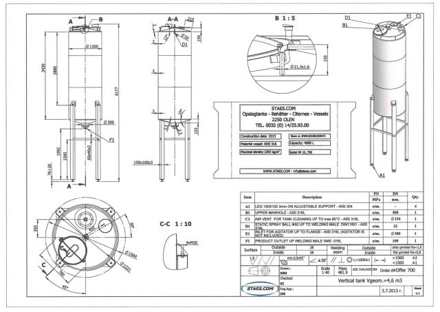 1 x 4.6m³ AISI316; roestvrijstalen opslagtanks; vertikaal op poten
