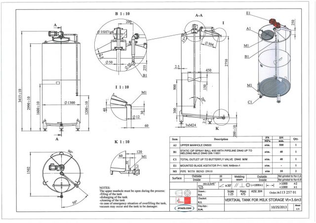 3 x 3.6m³ AISI304; roestvrijstalen opslagtank; roerwerk; vertikaal