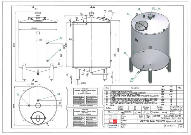 2 x 1.000L - 8.3 US bbl - 264 US gal; 2 x 2.100L - 17 US bbl -  554 US gal - AISI304; stainless-steel storage-tanks; vertical; single jacket