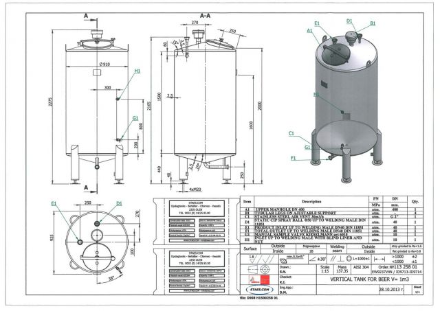 2 x 1.000L - 8.3 US bbl - 264 US gal; 2 x 2.100L - 17 US bbl -  554 US gal - AISI304; stainless-steel storage-tanks; vertical; single jacket