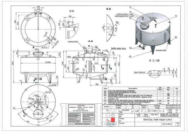 1 x 3.400L - 28.5 US bbl - 900 US gal - AISI304; stainless-steel storage tank; vertical; single jacketed