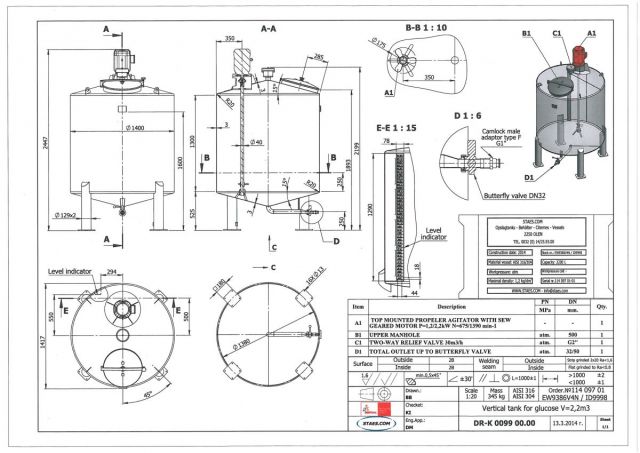 1 x 2.2m³ - AISI316 roestvrijstalen mengtank, vertikaal op poten, conische bodem