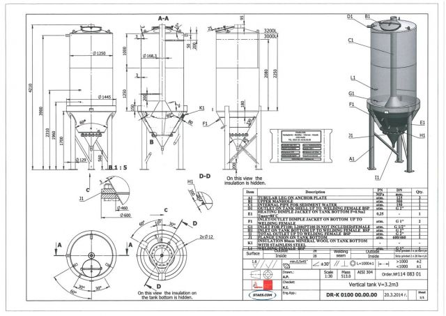 1 x 3.2m³ AISI304; roestvrijstalen opslagtanks; vertikaal; warmtewisselaar; sterk conisch