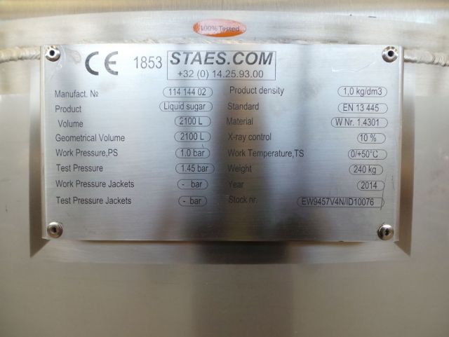 1 x 5.3m³ & 1 x 2.1m³ AISI304 Stainless Steel pressure tanks; PED - CE; 10% RX; EN 13445