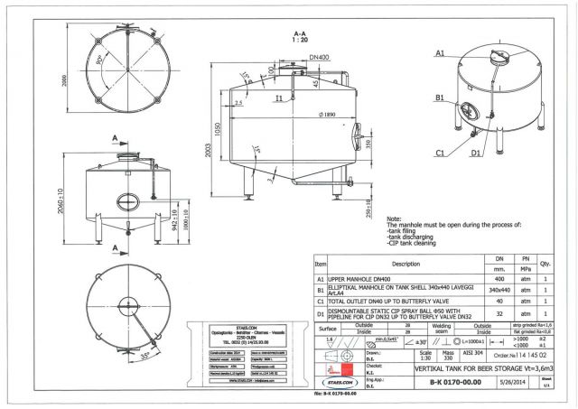 1 x 3.6m³ AISI304 stainless-steel storage tank & 1 x 3m³ AISI304 BBT pressure tank; PED CE TüV; 10% Rx