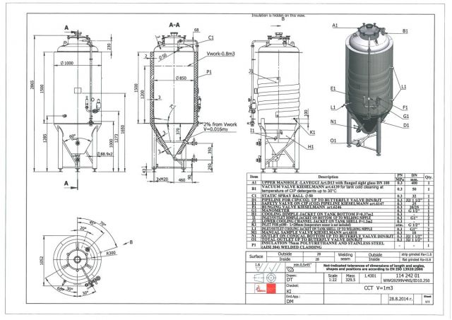 1 x 1m³ AISI304; CCT beer fermenters; PED CE TüV; 10% Rx