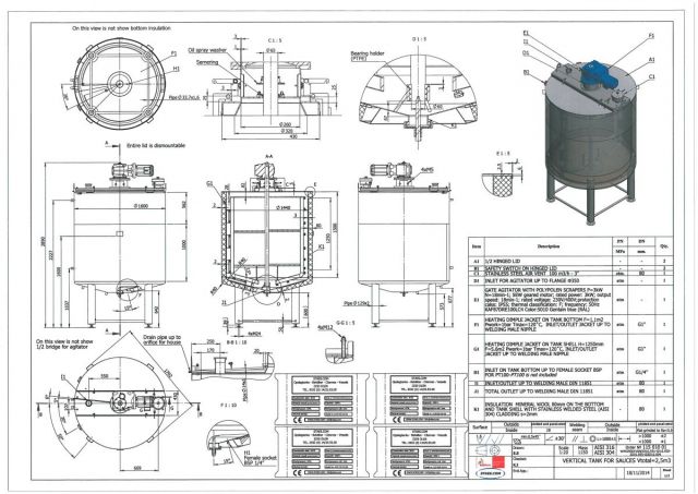 4 x 2.500L AISI316 mixing tank; gate agitator with scrapers; heat exchanger; insulation