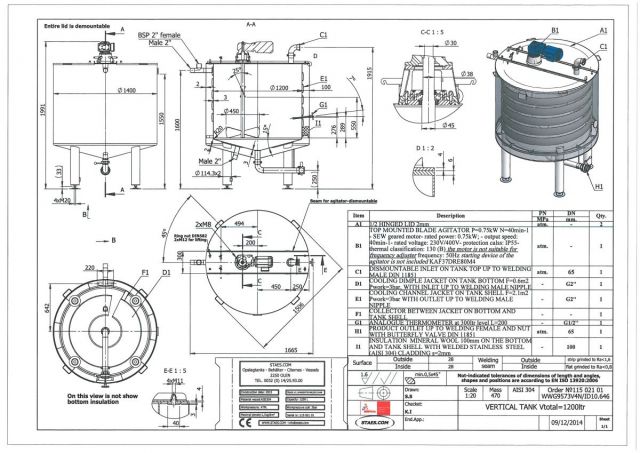 1 x 1.200L AISI304 Edelstahl Mischtank; Wärmetauscher; Isolierung