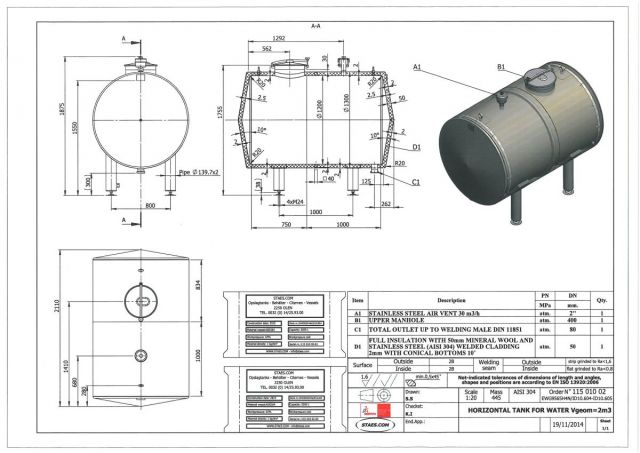 2 x 2m³ AISI304; stainless-steel insulated storage-tank: horizontal