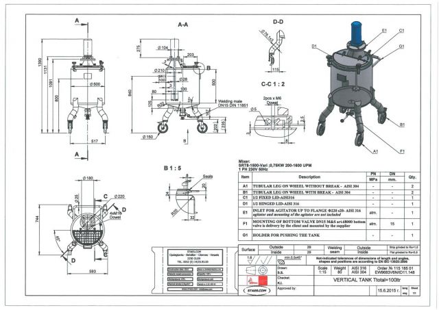 1 x 100L; AISI316; roestvrijstalen mengtanks met frequentie sturing; enkelwandig vertikaal
