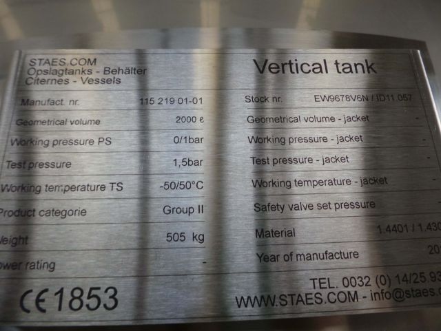 1 x 2000L AISI304; stainless-steel pressure tank -50°C / +50°C; vertical; dished bottoms on legs; PUR insulation