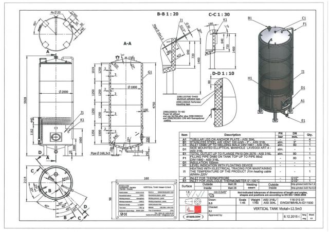 1 x 22.5m³ en 1 x 12.5m³ AISI316L; vertikale opslagtanks ; conisch op poten; tracing