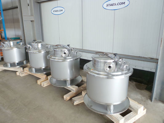 4 x 240L AISI 316L; stainless-steel mixing tanks customised for the customer's agtitators; single skin, vertical