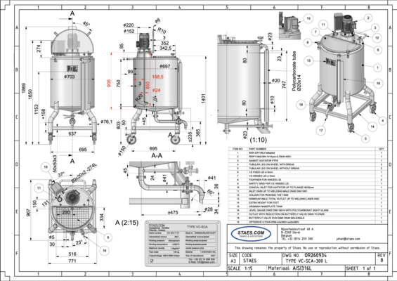 1 x New 300 L vertical stainless-steel AISI 316L mixing tank