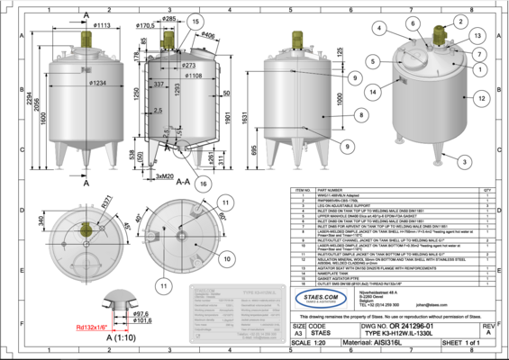 1 x Nieuwe roestvrijstalen verticale mengtank van 1.330L in AISI316L 1 x Nieuwe roestvrijstalen verticale mengtank van 200L in AISI316L