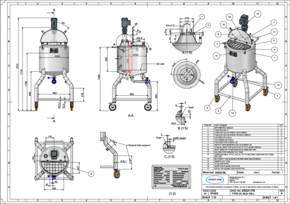 1 x Nieuwe roestvrijstalen verticale mengtank van 150L in AISI316L