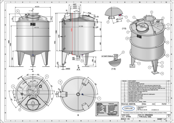 1 x New 1.000L stainless-steel AISI316L vertical mixing tank.