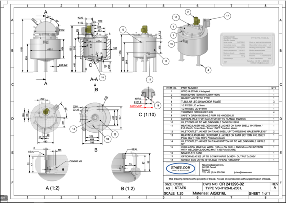 1 x Nieuwe roestvrijstalen verticale mengtank van 1.330L in AISI316L 1 x Nieuwe roestvrijstalen verticale mengtank van 200L in AISI316L