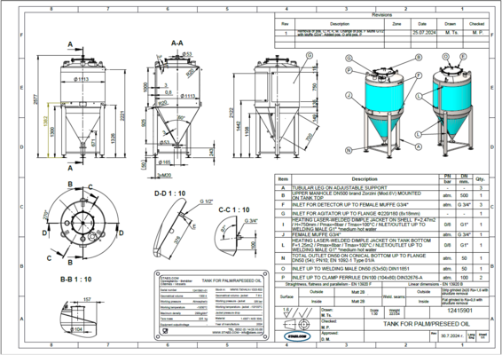 1 x Nieuwe roestvrijstalen verticale mengtank van 1.300L in AISI304L