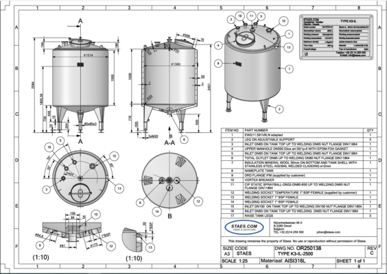 1 x Neuer vertikaler 2.500L Edelstahl AISI316L Lagertank