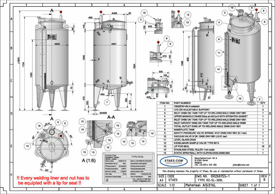 1 x New 300 L vertical stainless steel storage tank in AISI 316L. 1 x New 600 L vertical stainless steel storage tank in AISI 316L.