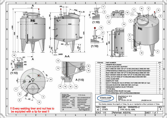 1 x New 300 L vertical stainless steel storage tank in AISI 316L. 1 x New 600 L vertical stainless steel storage tank in AISI 316L.