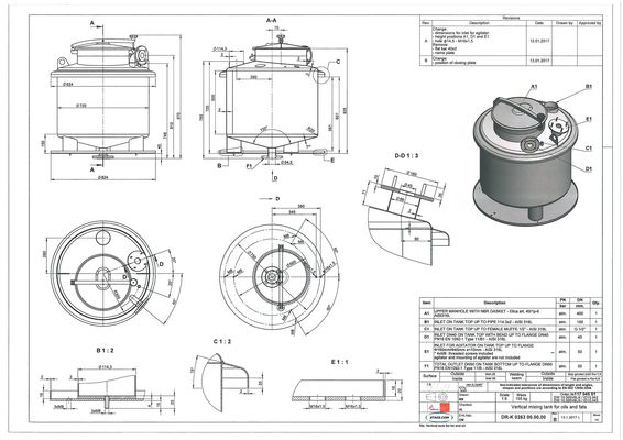 4 x 240L AISI 316L; stainless-steel mixing tanks customised for the customer's agtitators; single skin, vertical