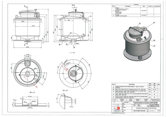 4 x 240L AISI 316L; stainless-steel mixing tanks customised for the customer's agtitators; single skin, vertical