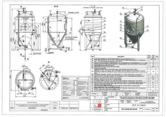 2 x 1.390L stainless-steel AISI304 CCT beer fermentation tanks with a working pressure of 3 bar