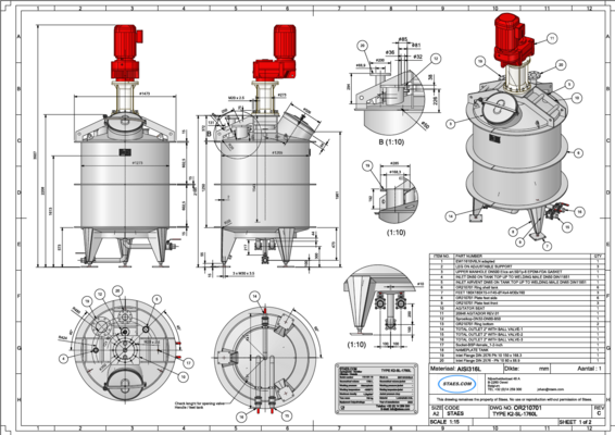 1 x New 1.750L stainless-steel AISI316L vertical mixing tank.