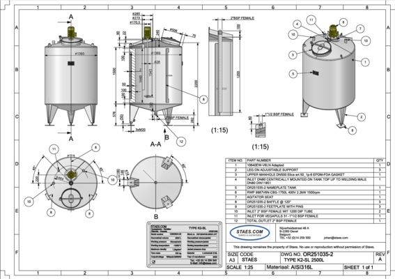1 x New 2.000L stainless-steel AISI316L vertical mixing tank.  1 x New 500L stainless-steel AISI316L vertical mixing tank.