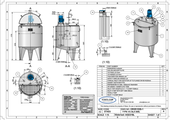 1 x New 2.000L stainless-steel AISI316L vertical mixing tank.  1 x New 500L stainless-steel AISI316L vertical mixing tank.