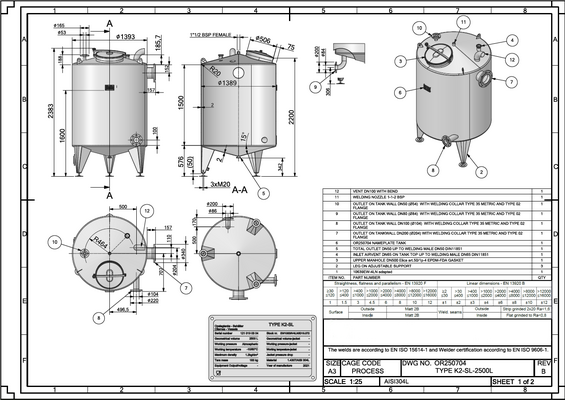 1 x New 2.500L stainless-steel AISI316L vertical storage tank.