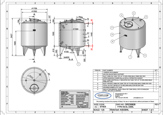 1 x Neuer vertikaler 3.300L Edelstahl AISI316L Lagertank