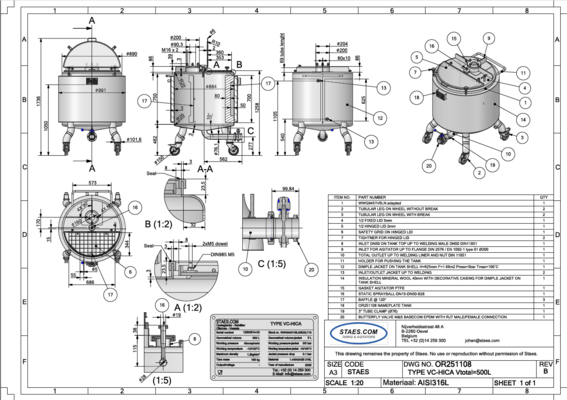 1 x Nieuwe roestvrijstalen verticale mengtank van 500L in AISI316L