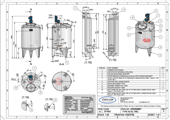 1 x Nieuwe roestvrijstalen verticale mengtank van 780L in AISI316L