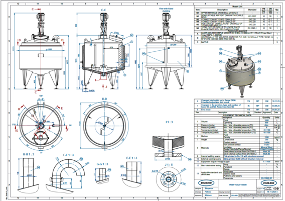 4 x cuves neuves de mélange verticales ave une capacité de 1.000L en acier inoxydable AISI316L.