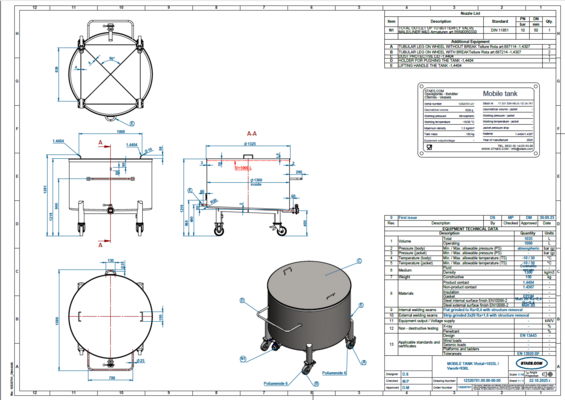 1 x Nieuwe roestvrijstalen verticale opslagtank van 1.050L in AISI316L