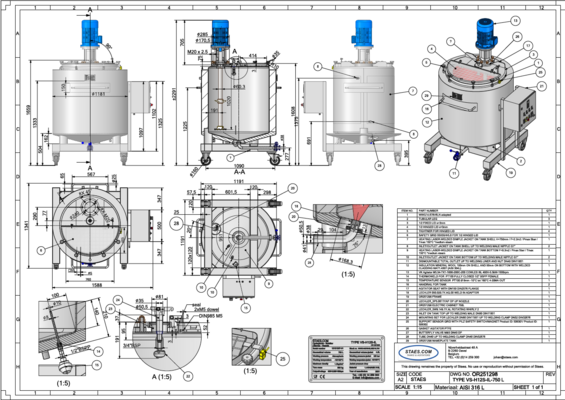1 x New 750L stainless-steel AISI316L vertical mixing tank.