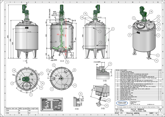 1 x cuve de mélange neuve verticale de 1.330L en acier inoxydable AISI316L.