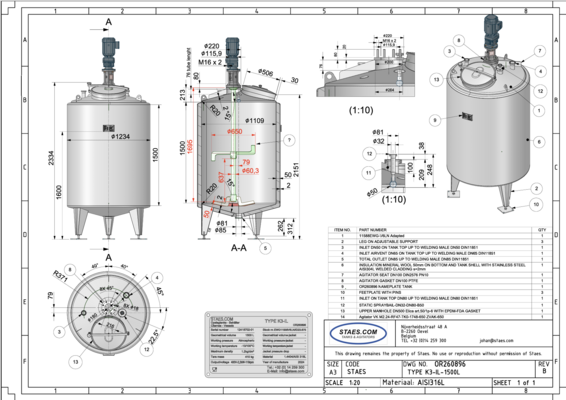 1 x New 1,500 L insulated vertical stainless steel mixing tank in AISI 316L
