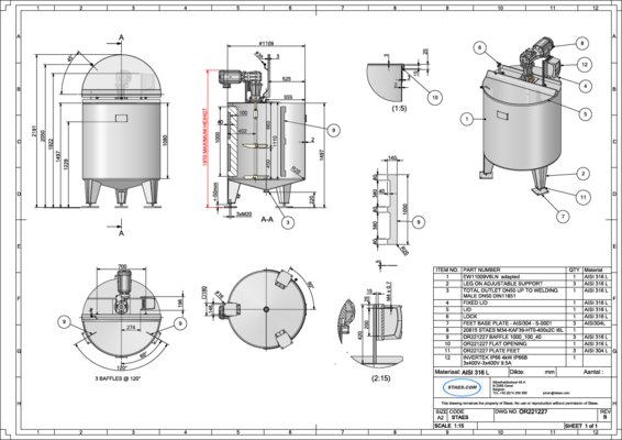 1 x New 1.000L stainless-steel AISI316L vertical mixing tank.