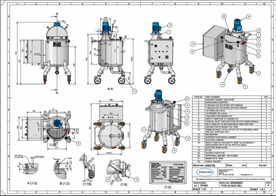 1 x New 100L stainless-steel AISI316L vertical mixing tank.